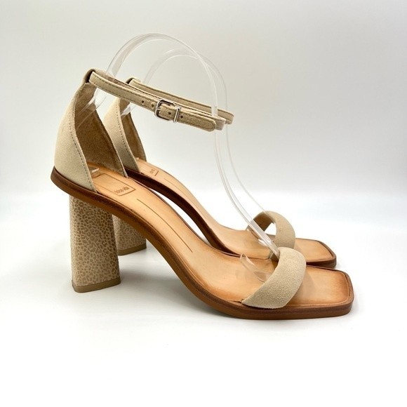 Dolce Vita Suede Leather Beige Tan Leopard Print Open Toe Heels Sandals 8 - Picture 2 of 15